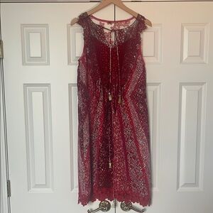 Elie Tahari Red Embellished Gold Tassel Midi Lace Dress
